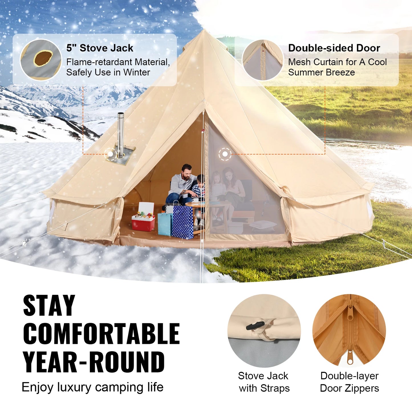 SucceBuy Canvas Bell Tent For Camping With Stove Breathable Shelter