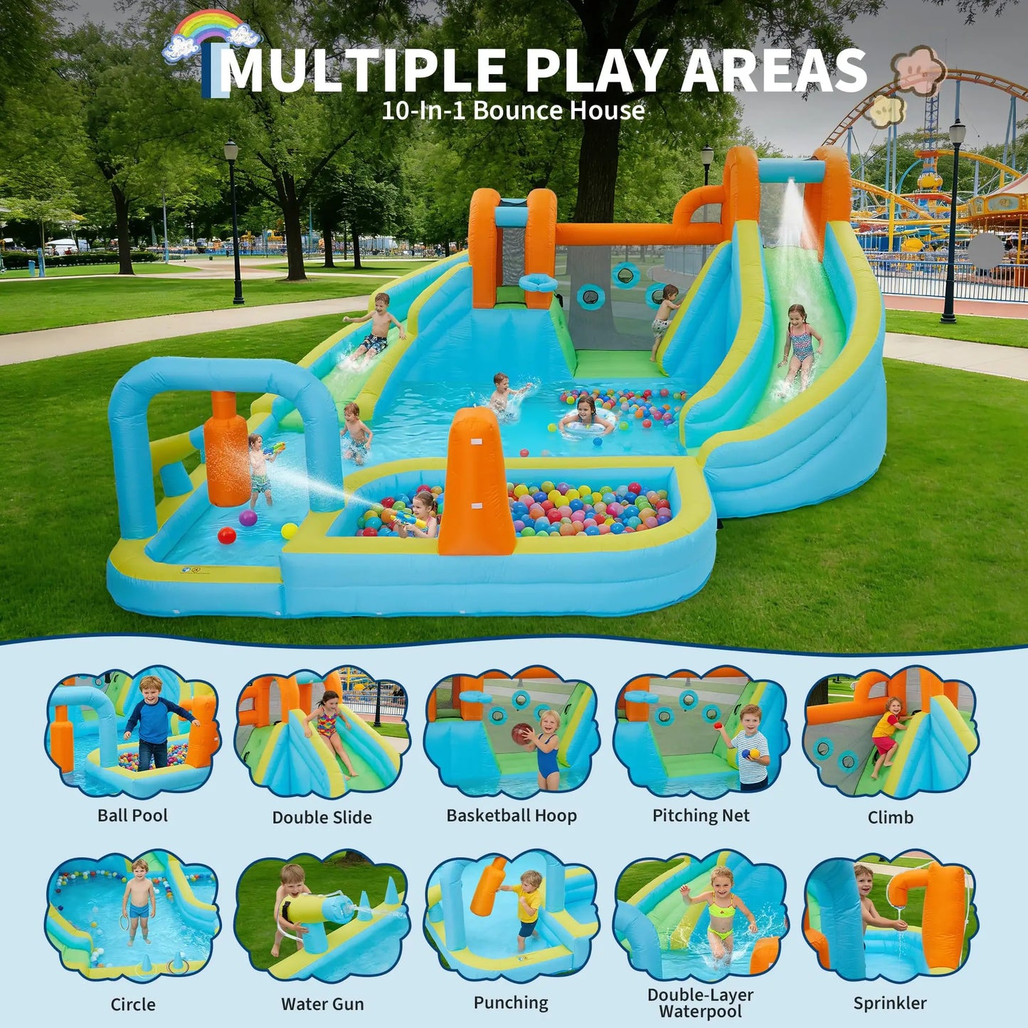 HiMISS 10-in-1 Inflatable Bounce House With Slide For Backyard Fun