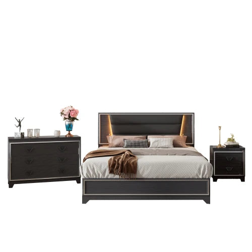 Queen Bed Upholstered 3 Piece Bedroom Set LED Lights Nightstands
