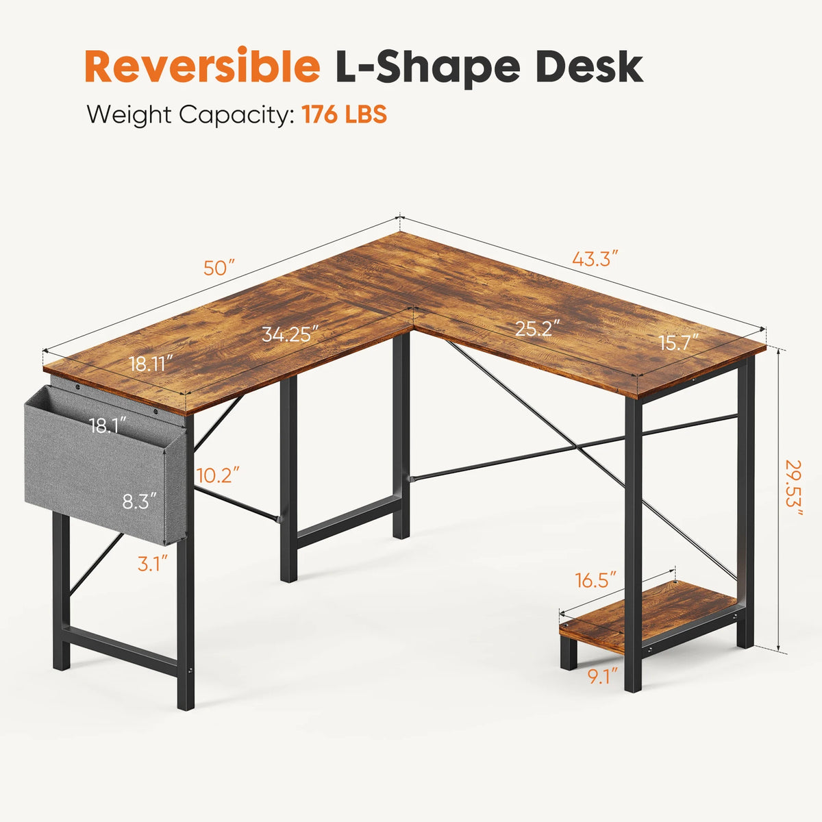 MCQ Corner Office Desk With Wooden Desktop And Storage Rack