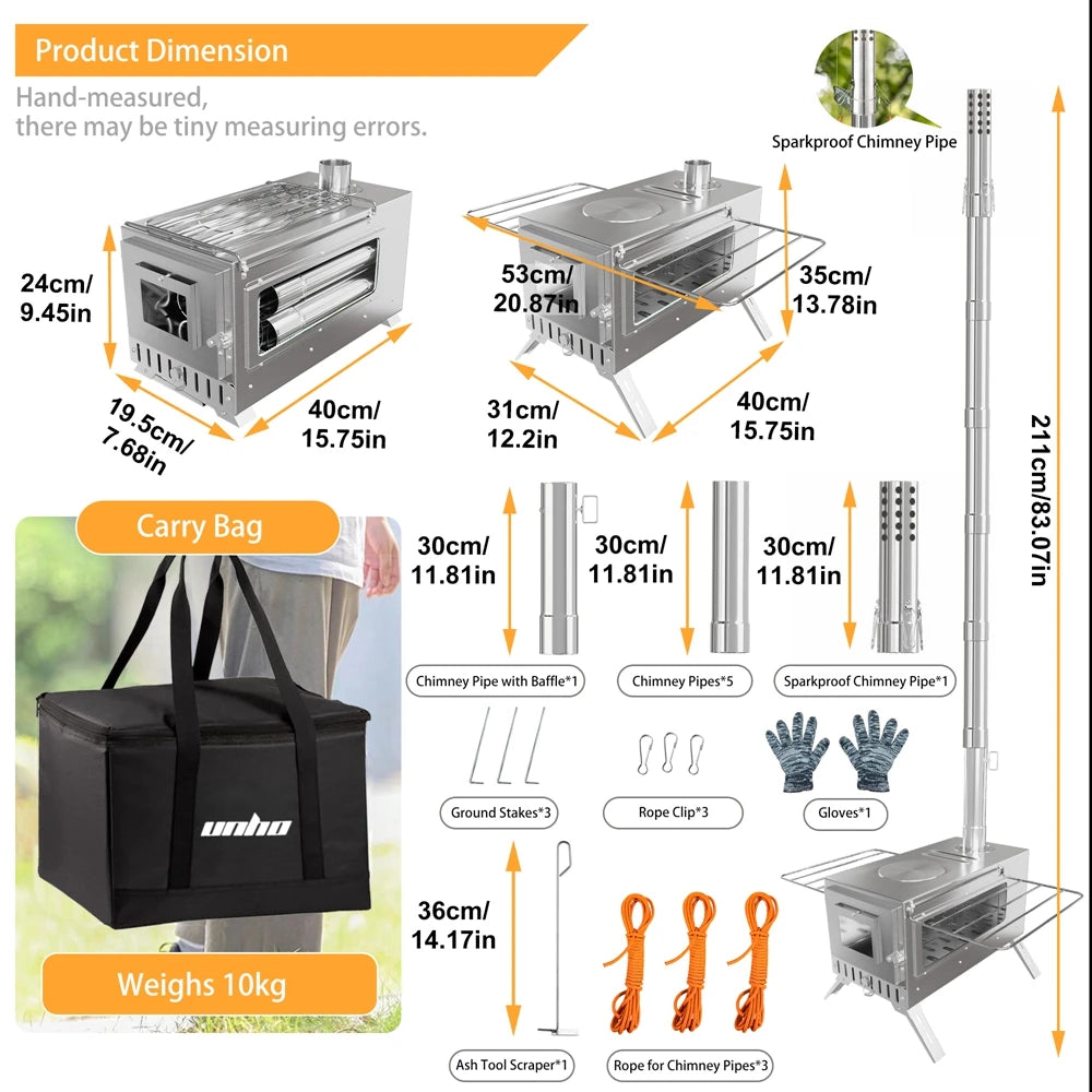 Portable Stainless Steel Tent Stove With 7 Chimney Pipes