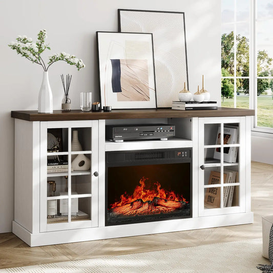 ONBRILL Farmhouse TV Stand With Electric Fireplace And Glass Doors