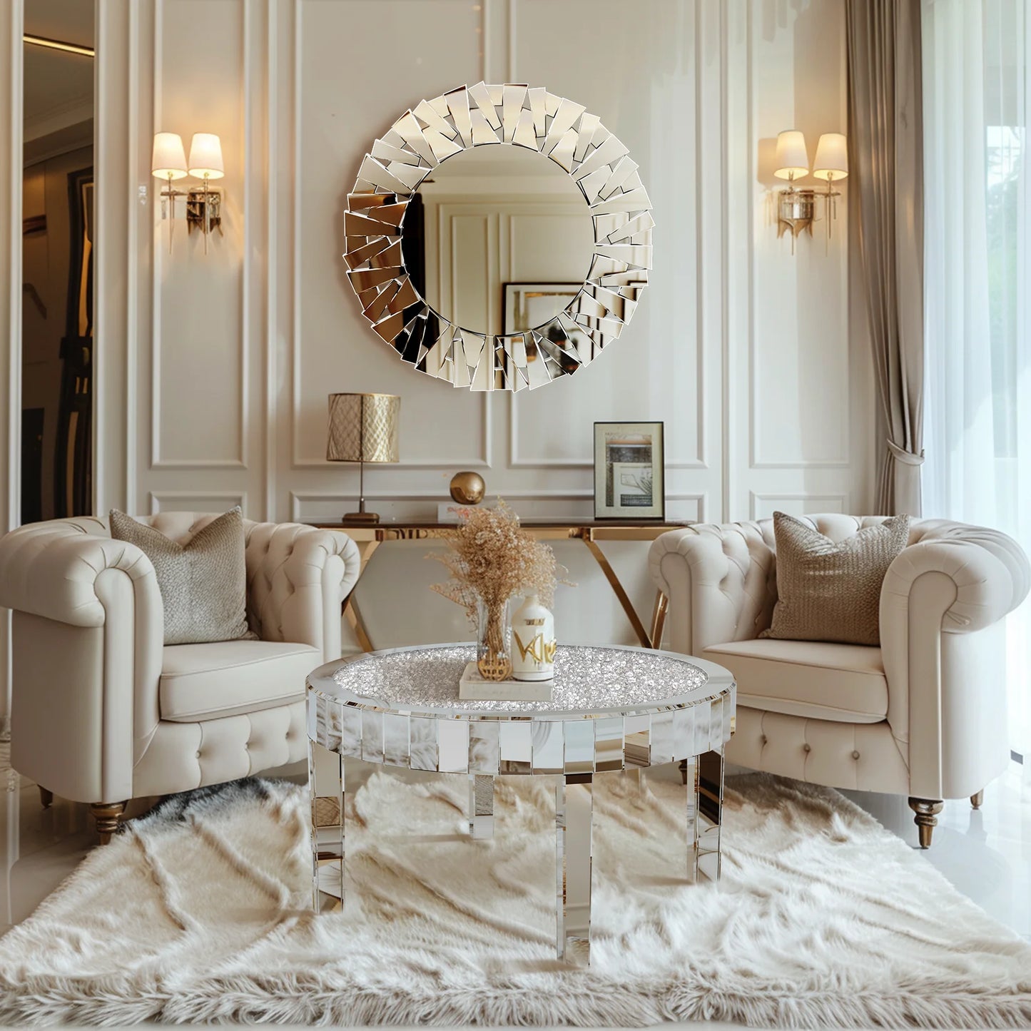 Modern Round Mirrored Coffee Table With Crystal Inlay