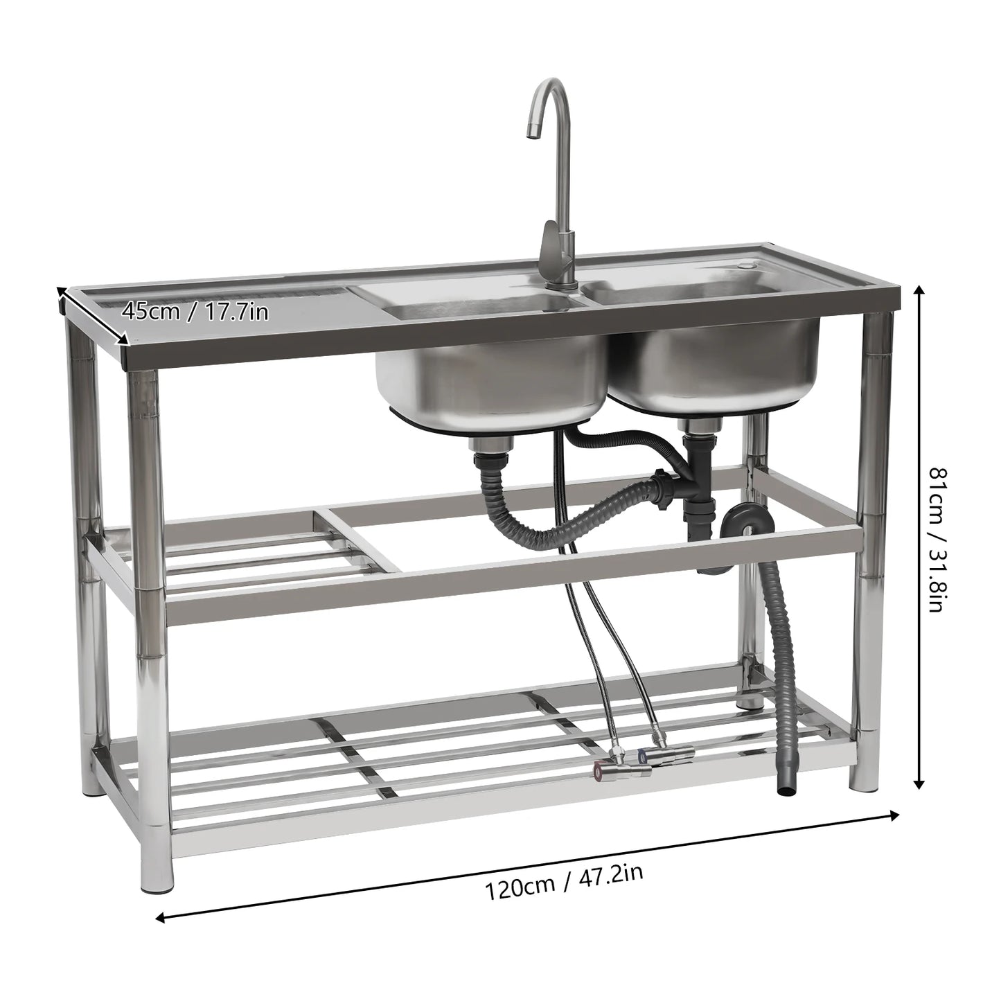 Heavy Duty 304 Stainless Steel Double Compartment Sink With Faucet