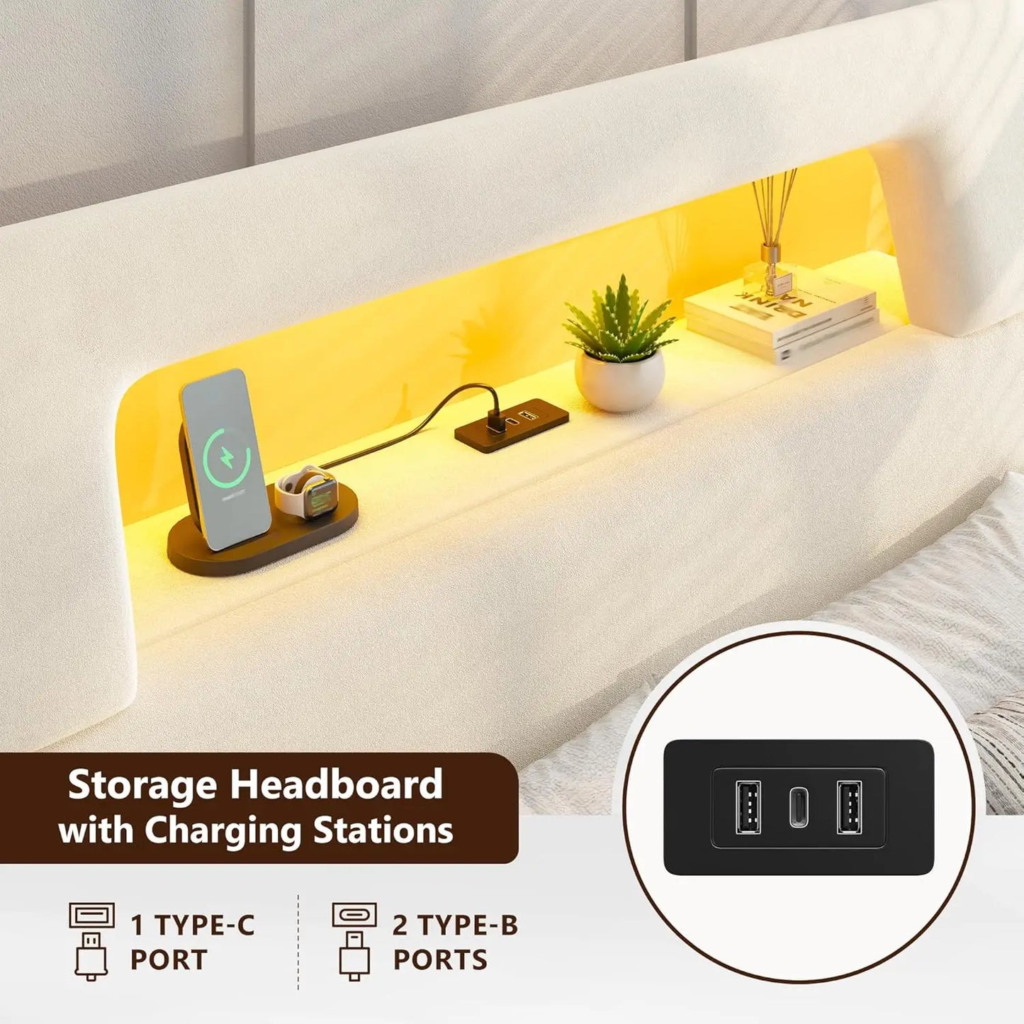 Bed Frame With Ergonomic Storage Headboard LED Lights And Charging