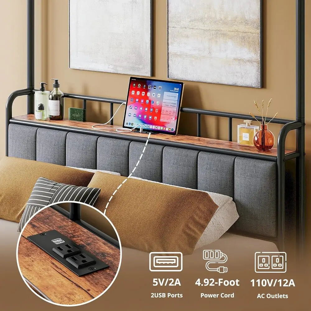 LIKIMIO Canopy Bed Frame Queen With Charging Station Headboard