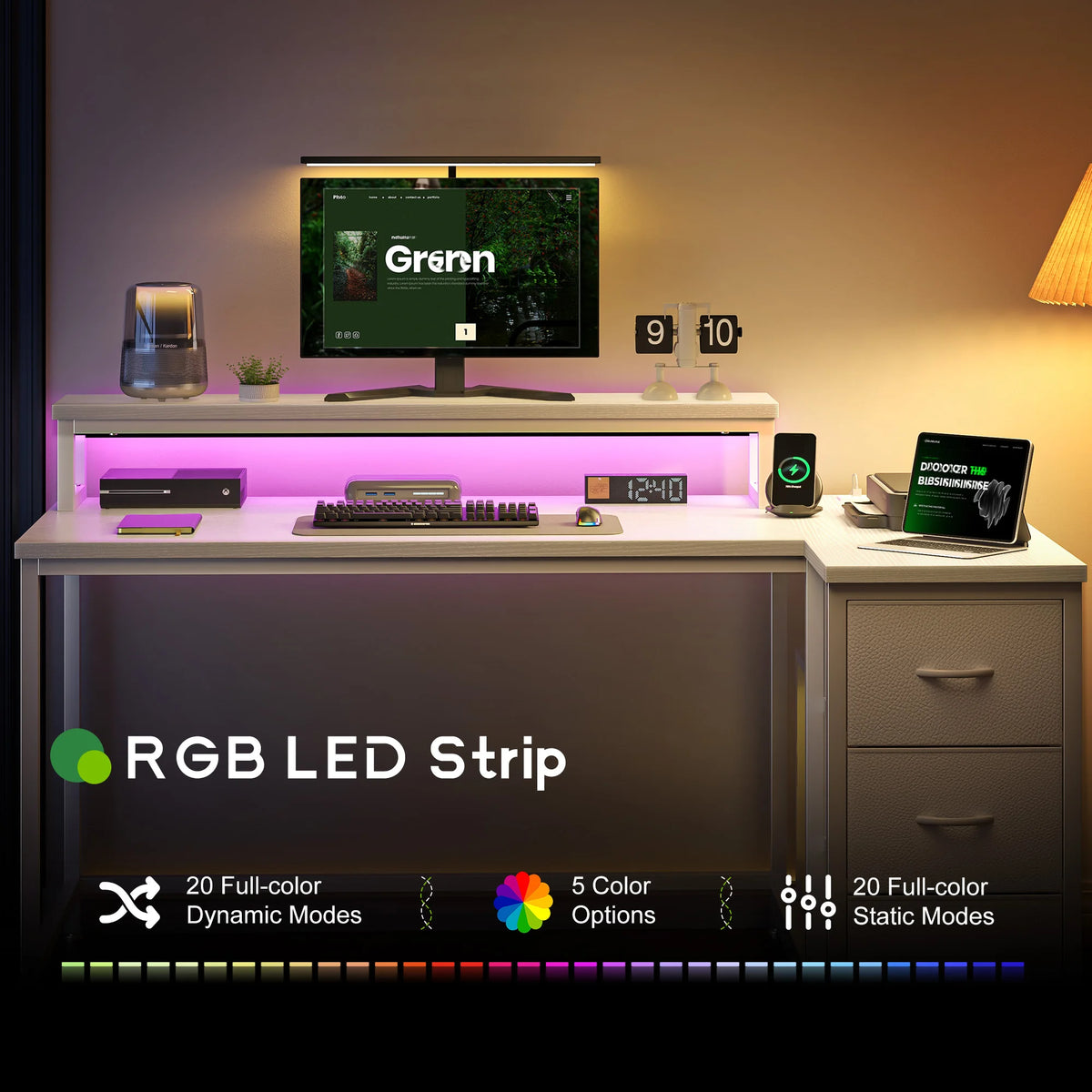 EnHomee L Shaped Desk With Monitor Stand And Power Strip