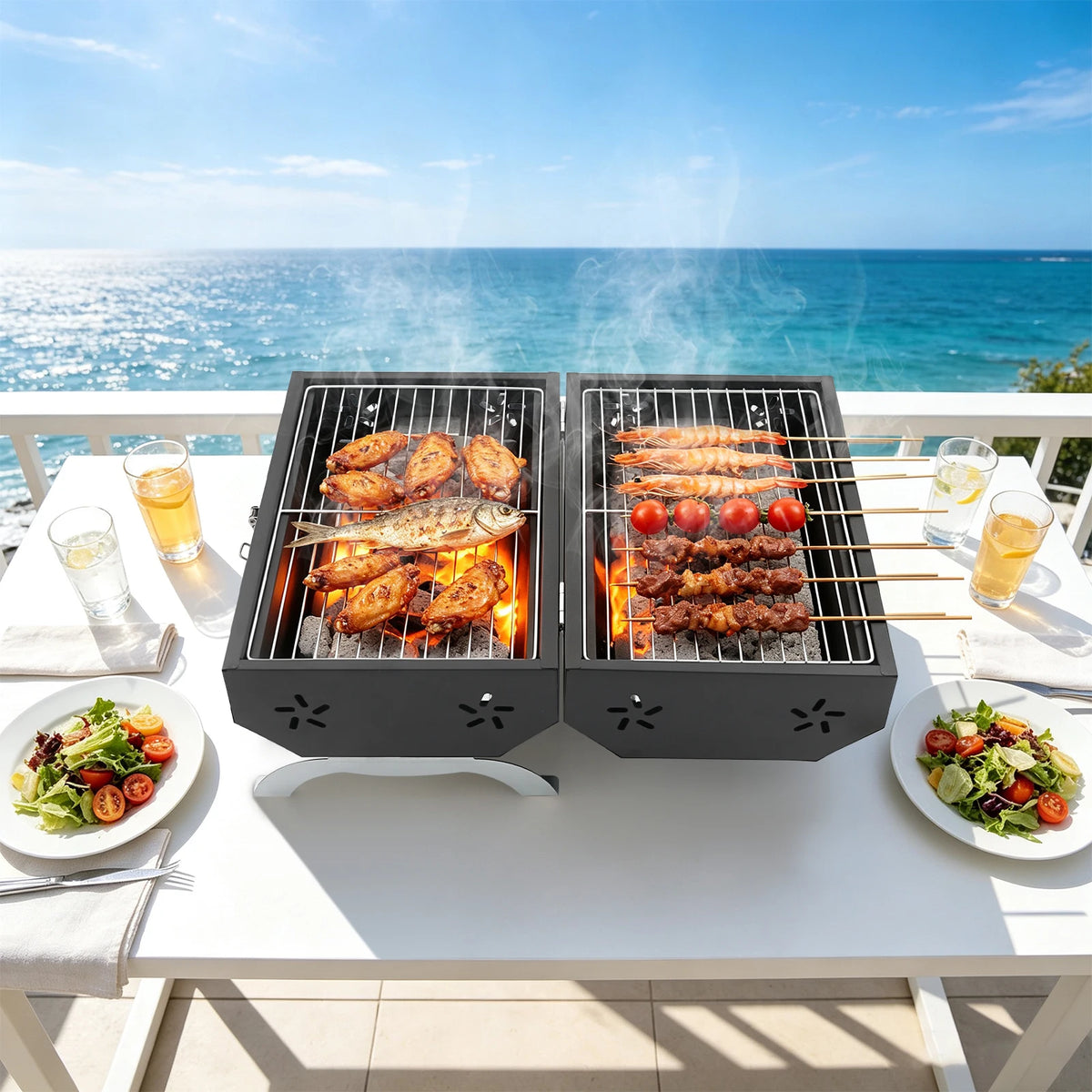 Portable Charcoal Grill, Tabletop Outdoor Barbecue Grill, Double-Sided Folding BBQ Grill for Camping Picnics