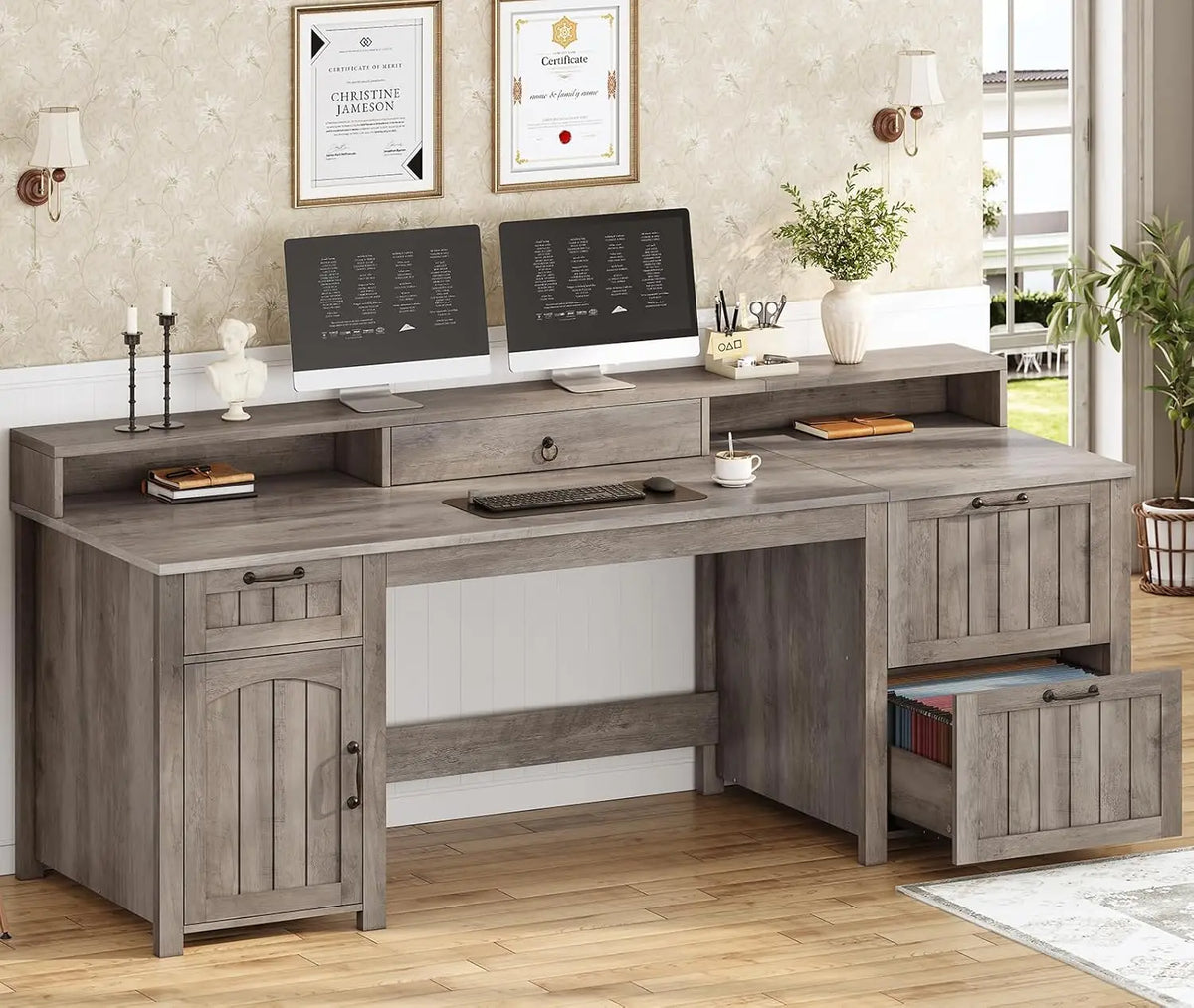 Farmhouse Office Desk With File Drawers And Monitor Stand