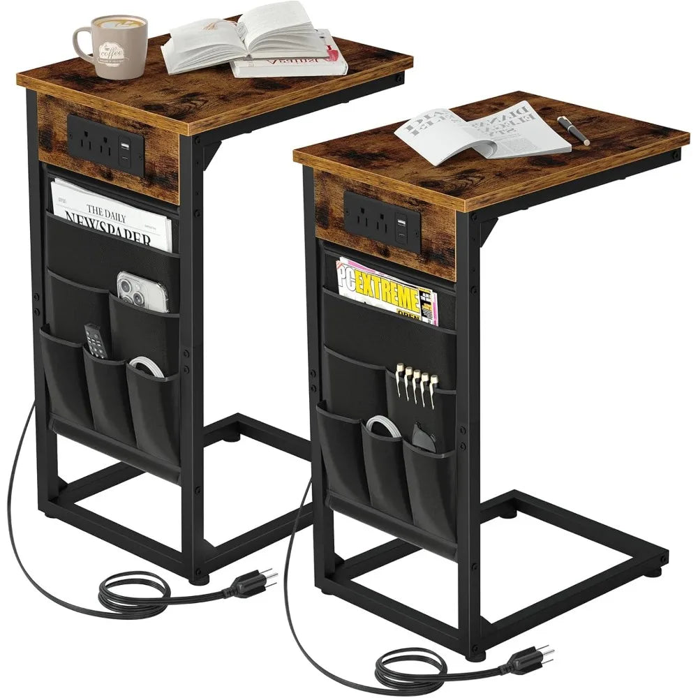XIUWO C Shaped End Table With USB Charging Station Set