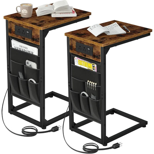 XIUWO C Shaped End Table With USB Charging Station Set