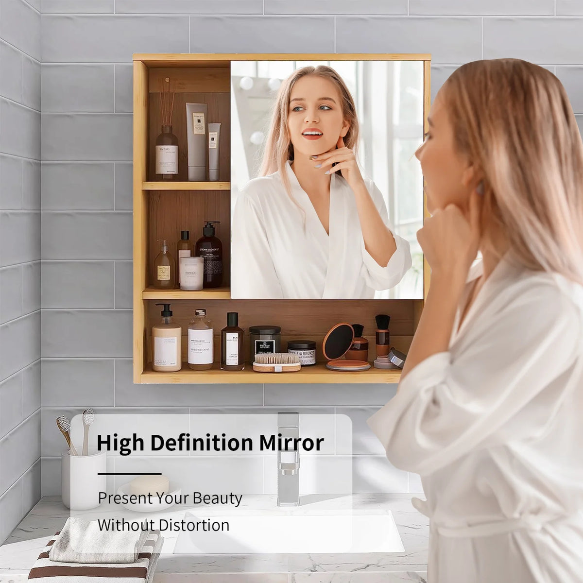 Wall Mounted Bamboo Cabinet With Adjustable Mirror Shelf