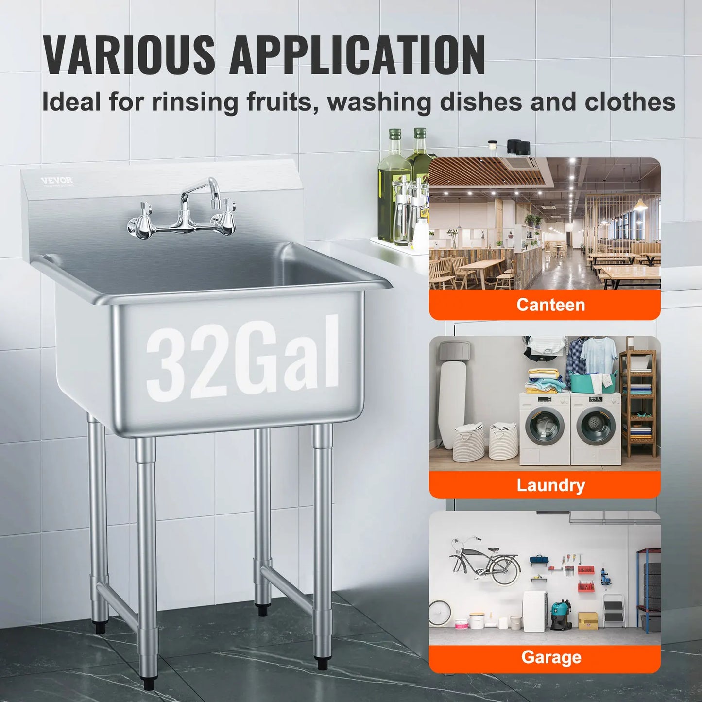 Stainless Steel Kitchen Prep Sink With Faucet 1 Compartment