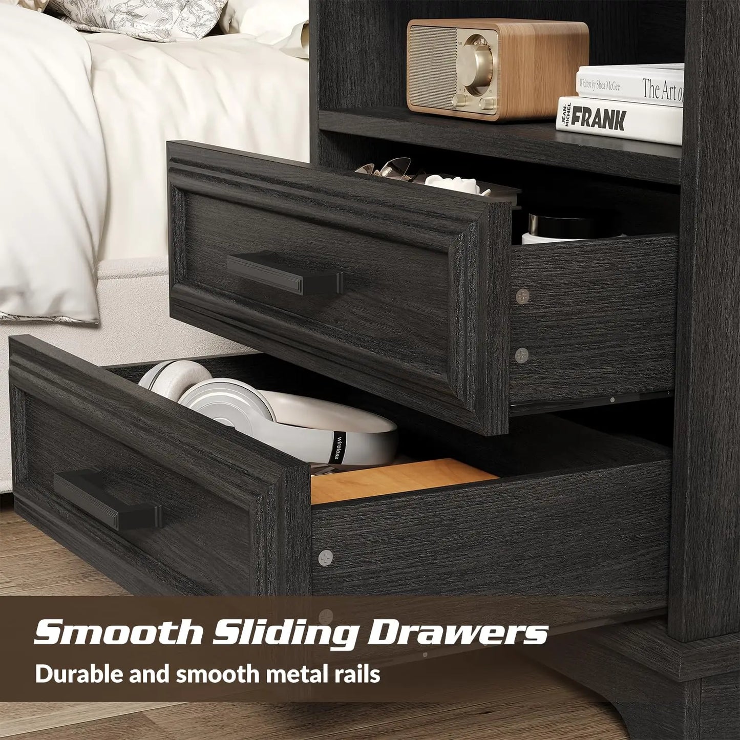 Frame Farmhouse Nightstands With Charging Station Set of 2