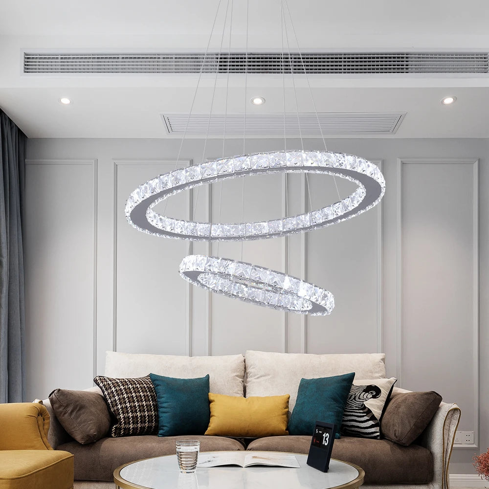 GreeLustr Modern LED Pendant Light Crystal Rings Chandelier
