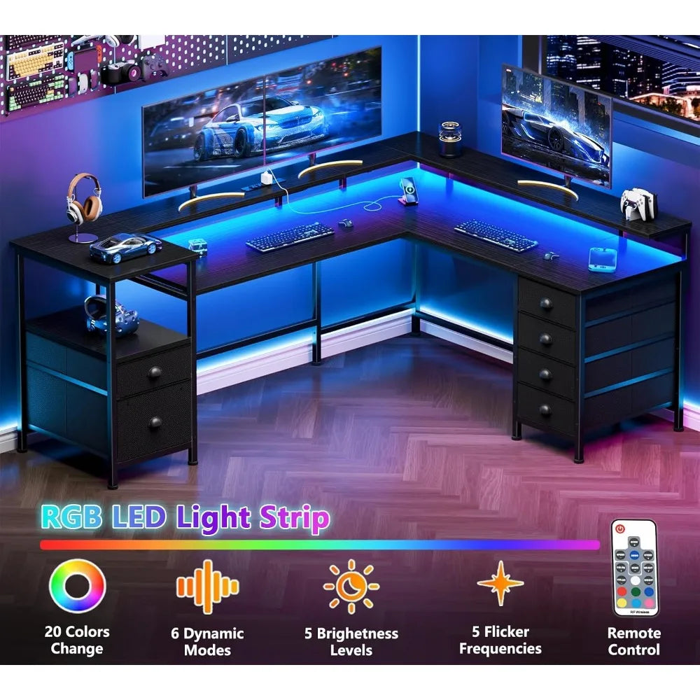 L Shaped Gaming Desk With Led Lights And Power Outlets