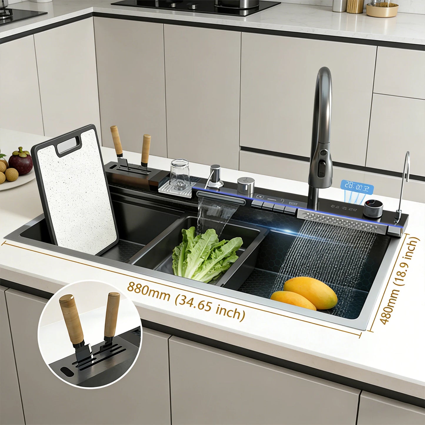 BusySink Modern Stainless Steel Kitchen Sink With Digital Display