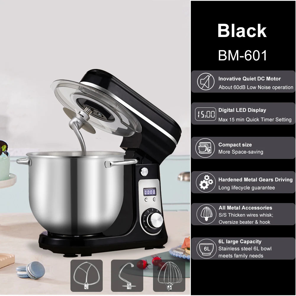 BioloMix Kitchen Food Stand Mixer, Blender, Quiet Motor, Cream Egg Whisk, Whip Dough Kneader, 6-Speed, 1200 W, 6 L, DC