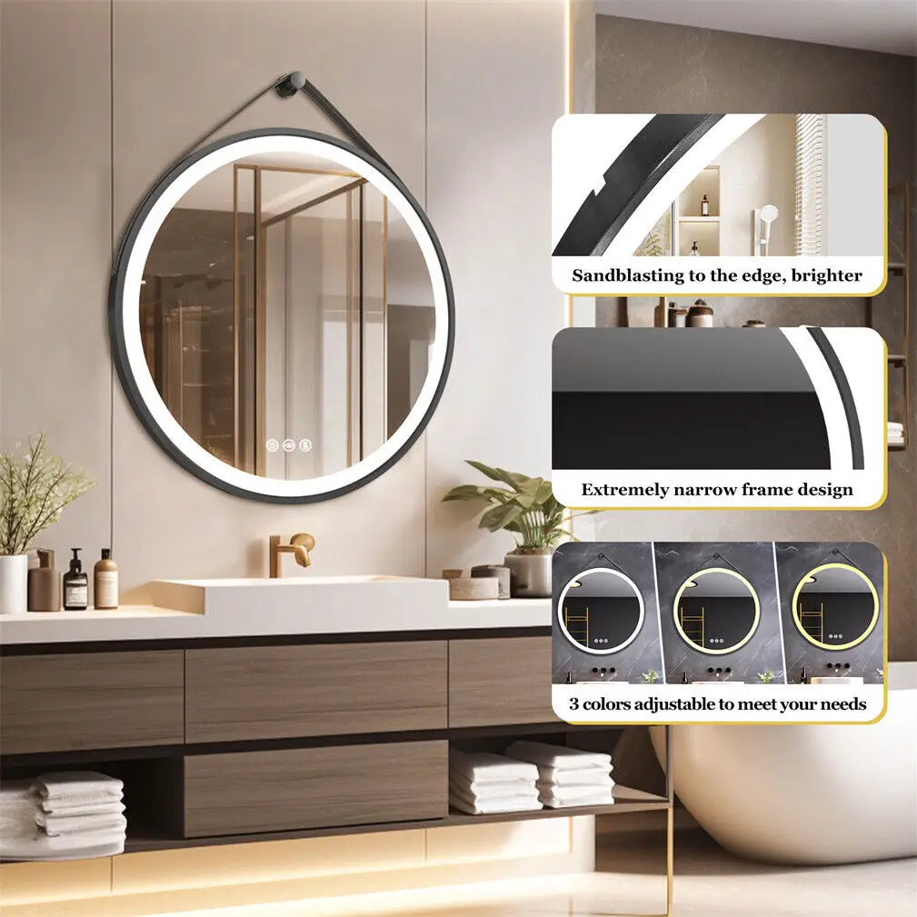 BORWART Round LED Bathroom Mirror Anti Fog Dimmable Leather Strap