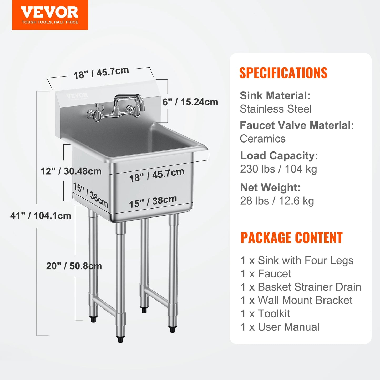Stainless Steel Kitchen Prep Sink With Faucet 1 Compartment