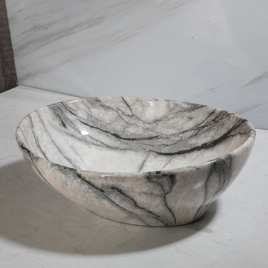 KEMAIDI Marble Pattern Ceramic Bathroom Vessel Sink Set, Multiple Shape Basin with Black Faucet Above-Counter Vanity Sink Kit