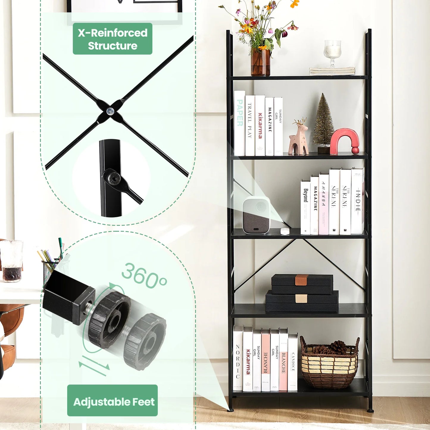 JHK 5 Tier Wooden Display Bookshelf With Stable Frame