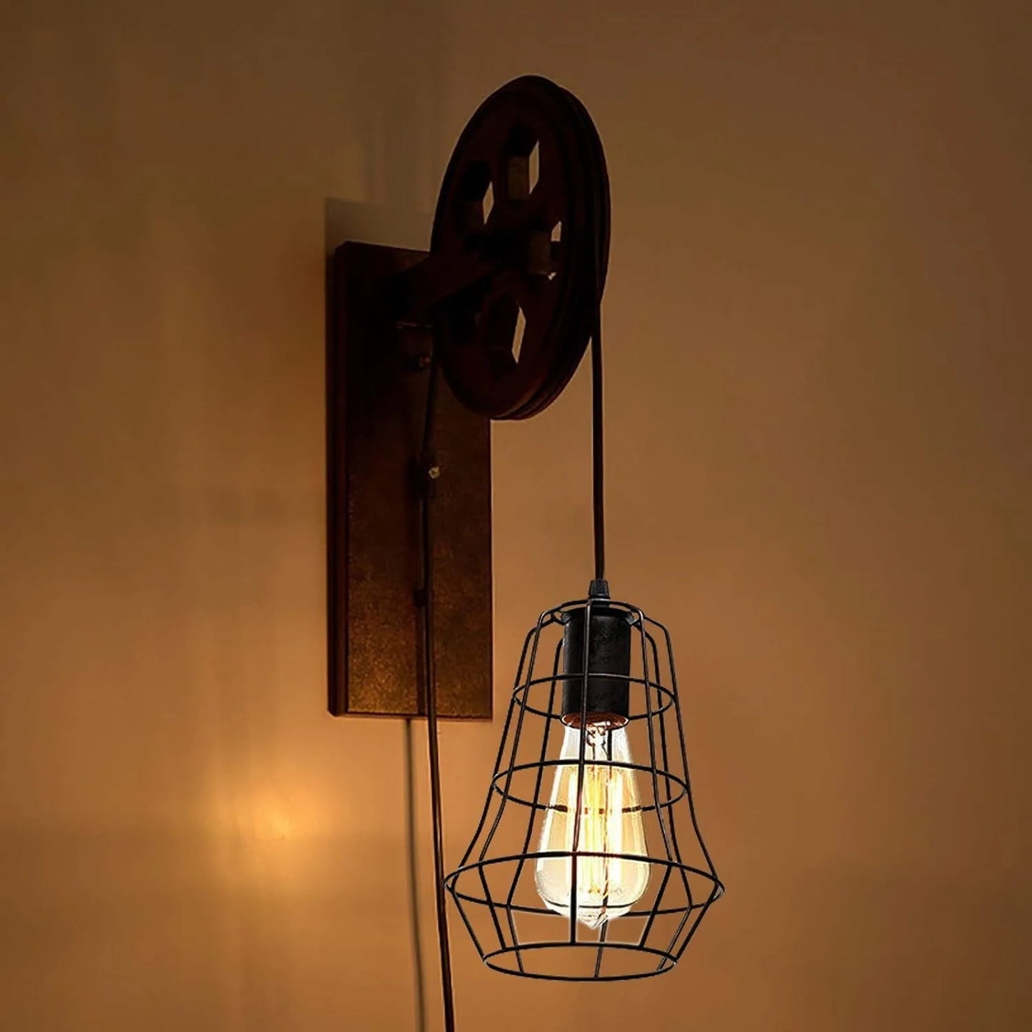 Bymaocar Industrial Wall Sconce With Pulley Iron Cage Lampshade
