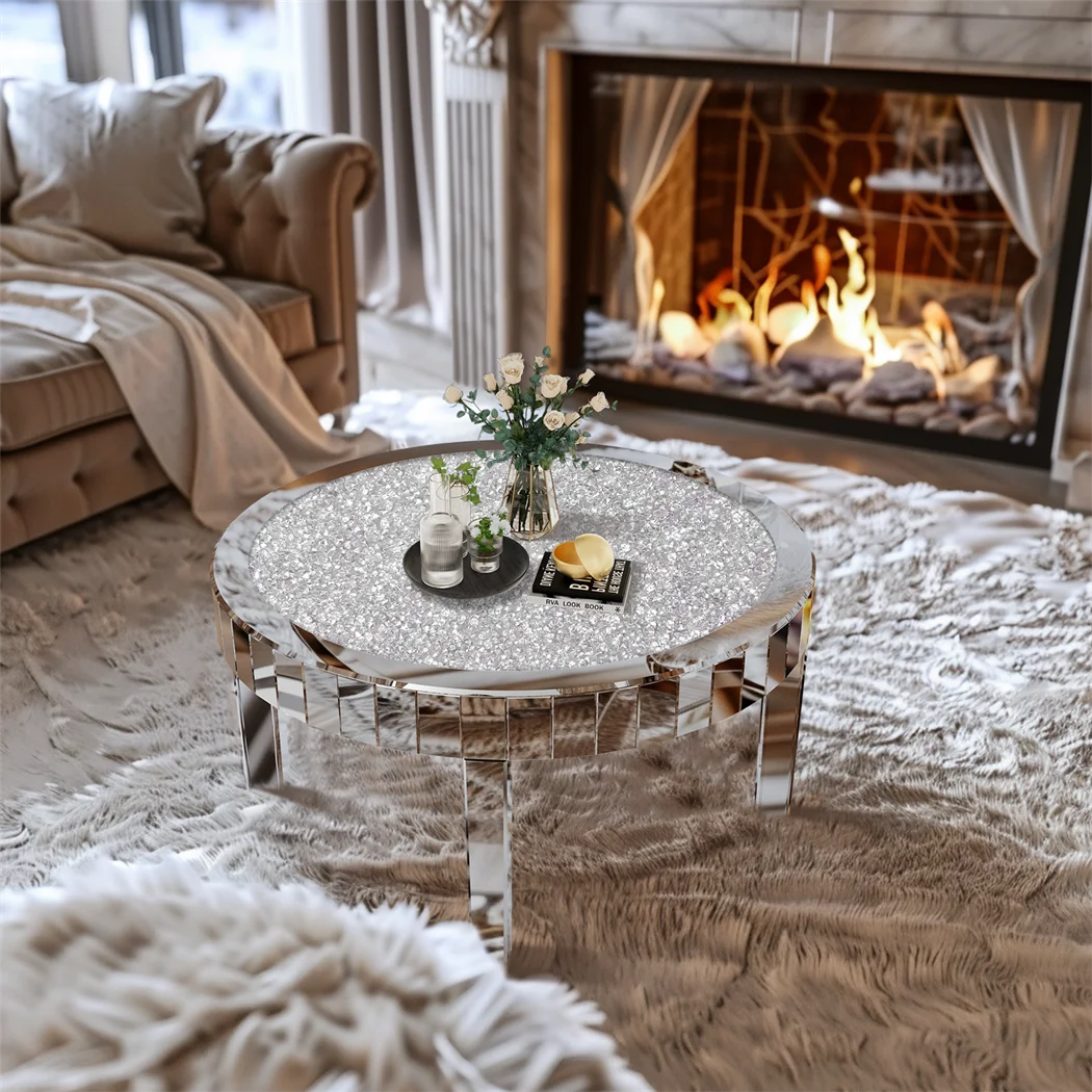 ARTLOGE Mirrored Round Coffee Table With Glass Top