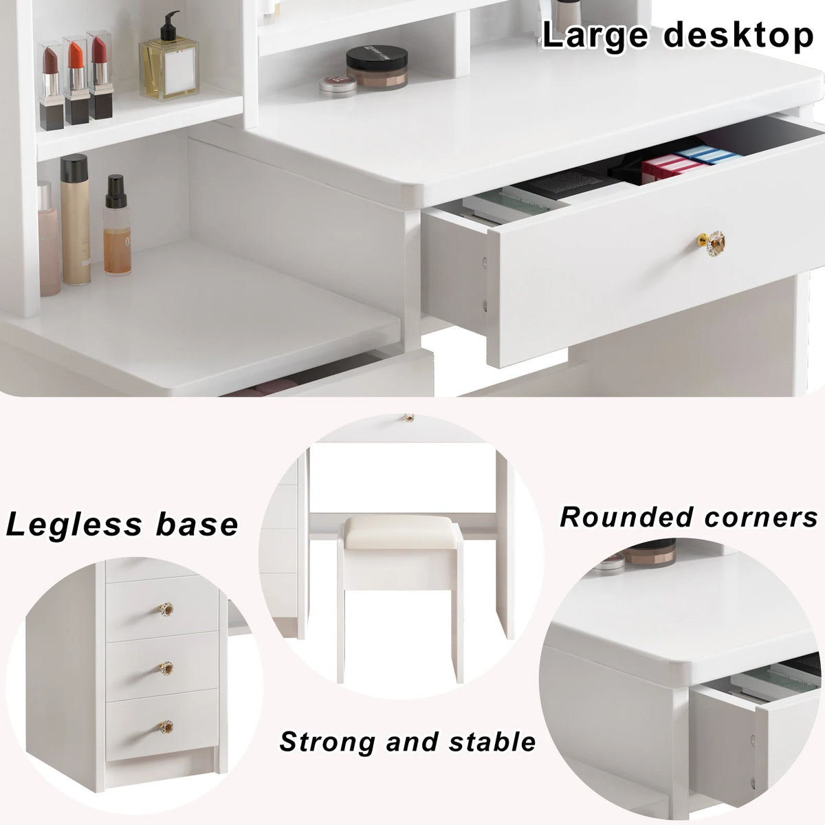 Makeup Vanity Desk With Lighted Mirror, Drawers, Stool And Shelves