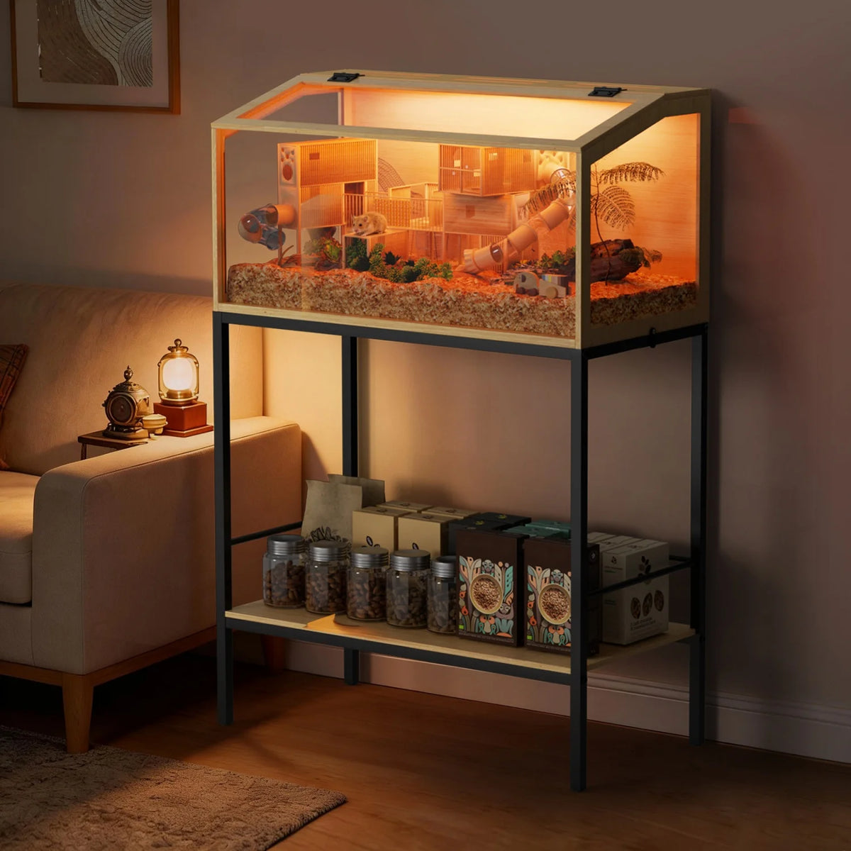 Wooden Chewproof Hamster Cage with Tempered Glass and LED Lighting