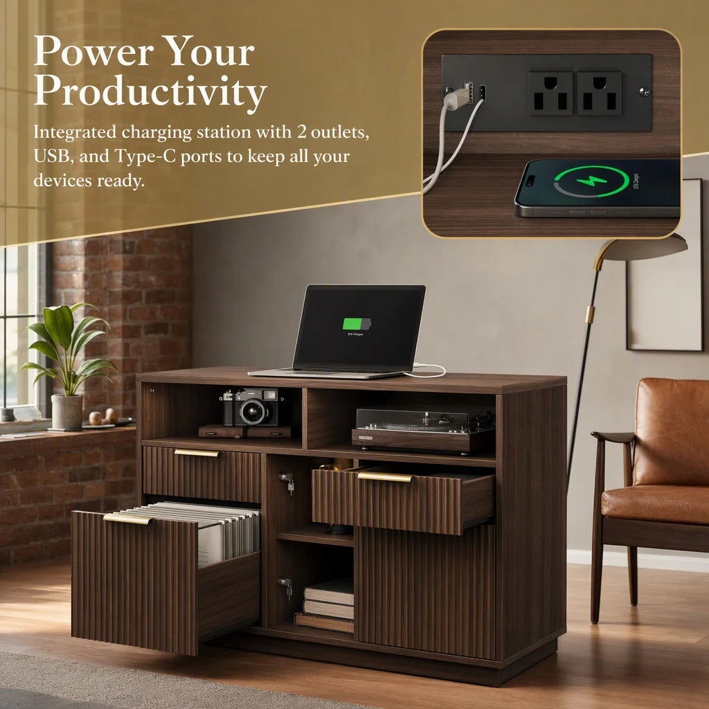 K Kyspho Wooden File Cabinet With Lock And Charging Station