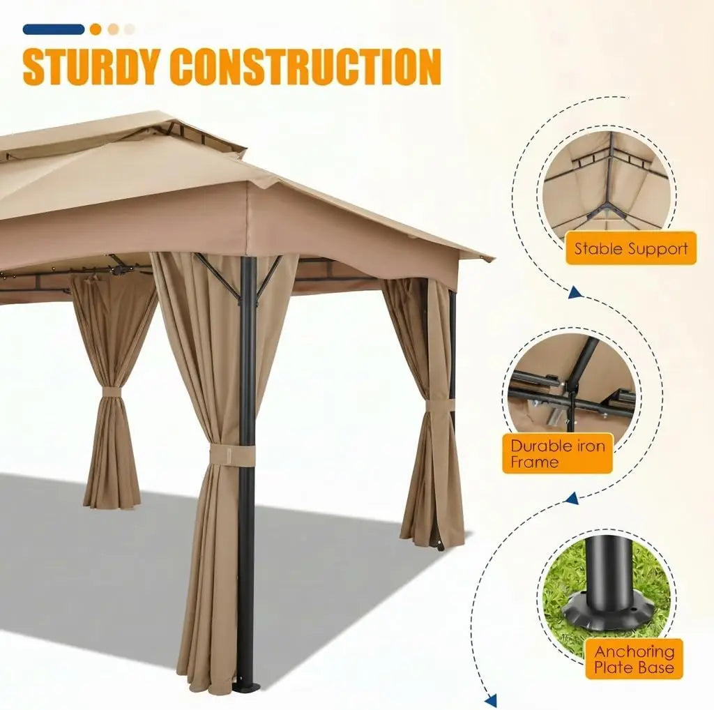 Tooluck Outdoor Gazebo With Curtains And Vented Double Roof Canopy