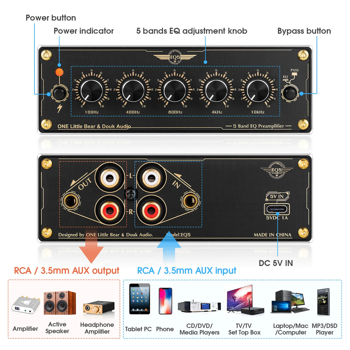 Douk Audio EQ5 Five Band Analog Stereo Preamp Equalizer