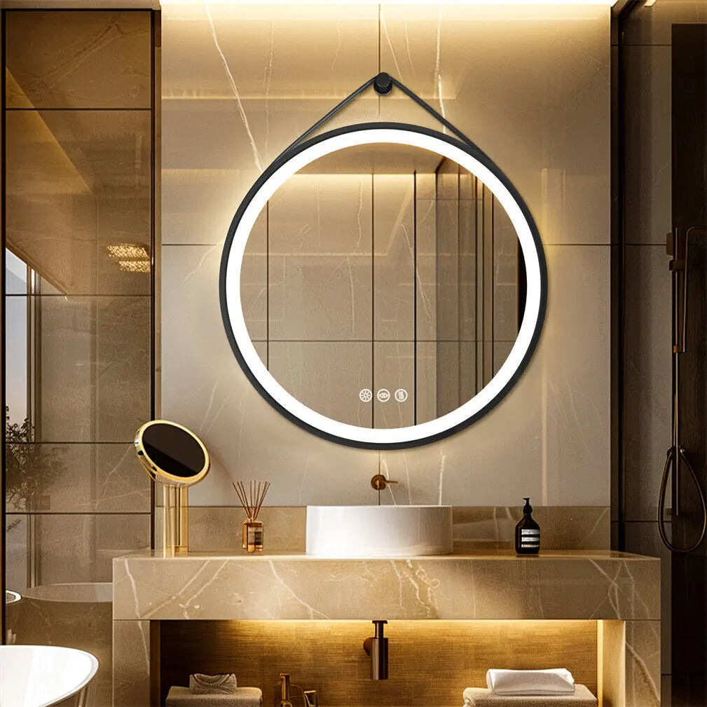 BORWART Round LED Bathroom Mirror Anti Fog Dimmable Leather Strap