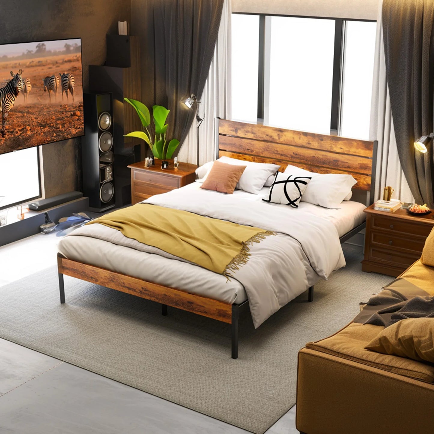 JHK Metal Platform Bed Frame With Headboard And Slats