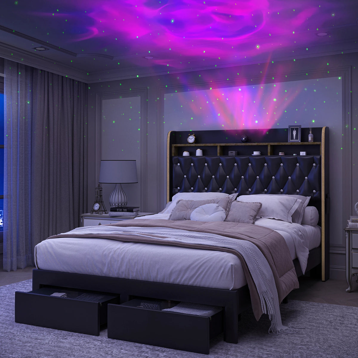 SIBEDS Upholstered Platform Bed Frame With LED Lights And Storage