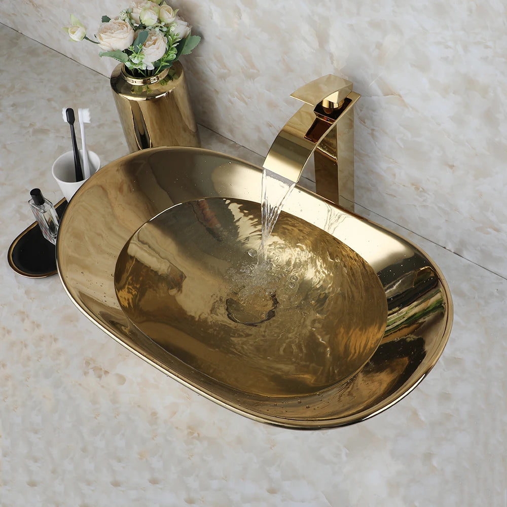 KEMAIDI Luxury Oval Ceramic Vessel Sink With Faucet Set