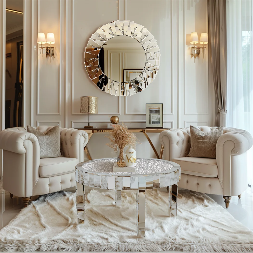 ARTLOGE Mirrored Round Coffee Table With Glass Top