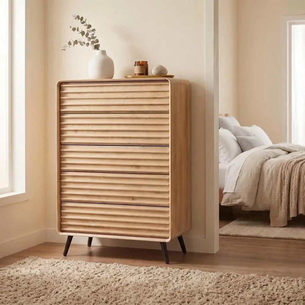 Mid Century Modern Fluted Wood Five Drawer Dresser