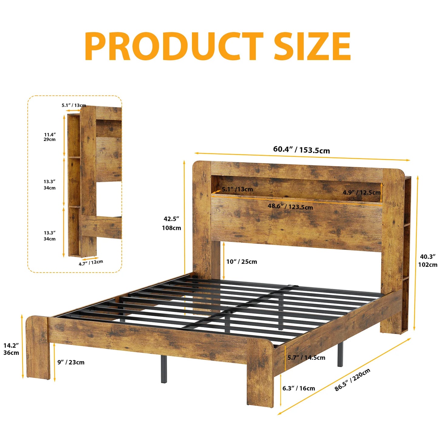 Wooden Platform Bed Frame With Storage Headboard And Charging Station