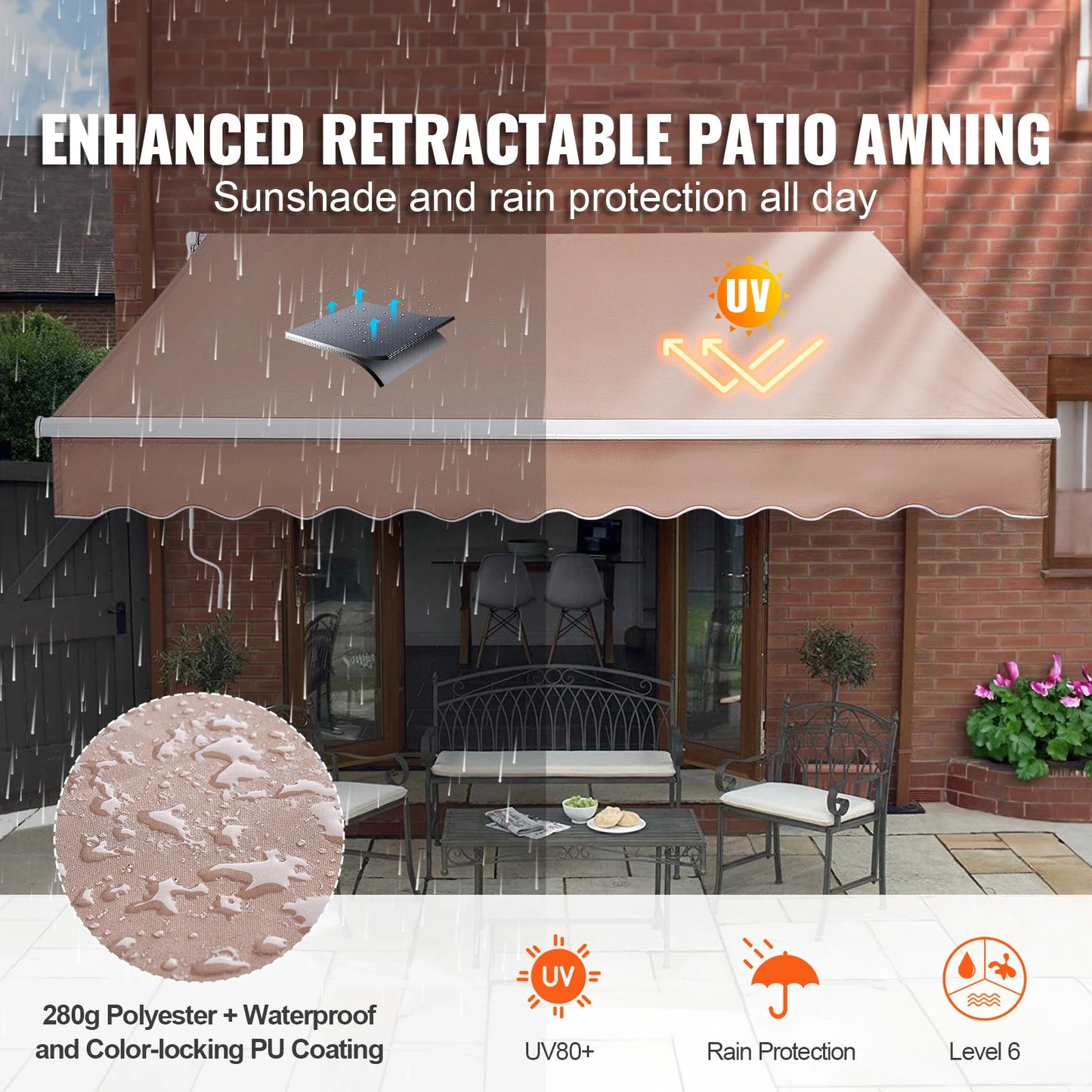 SucceBuy Manual Retractable Awning Outdoor Sun Shade Polyester