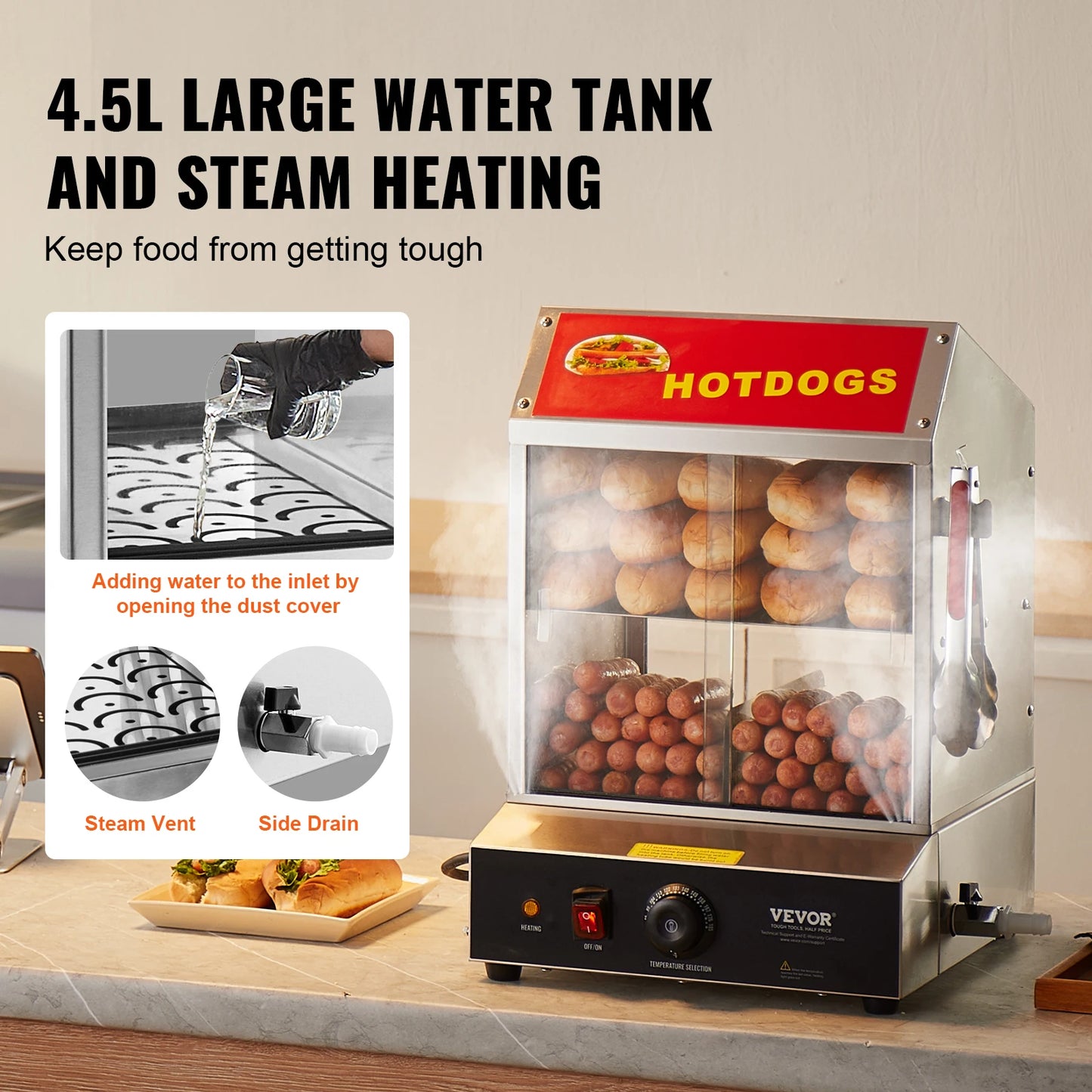 VEVOR Hot Dog Steamer 2 Tiers With Temperature Control