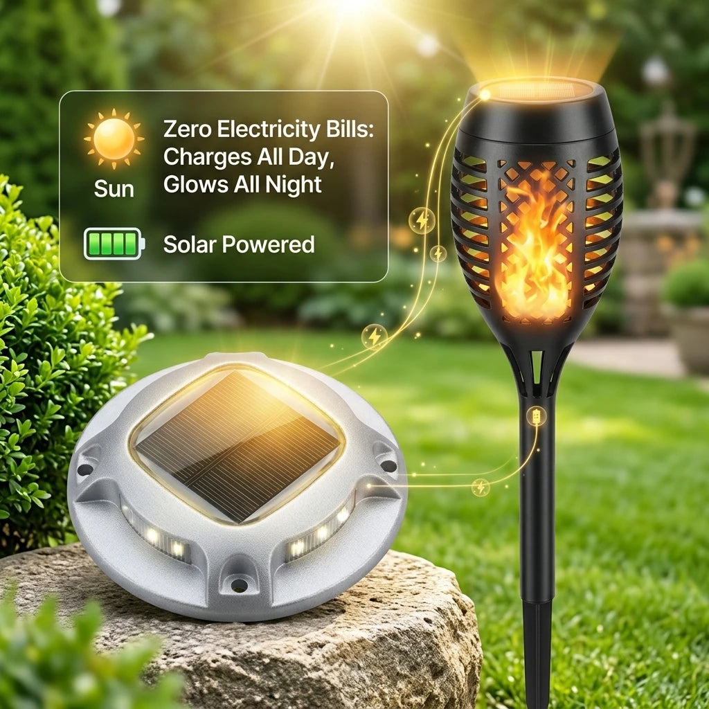Solar Outdoor Flickering Flame Torch And Ground Lawn Lighting Set