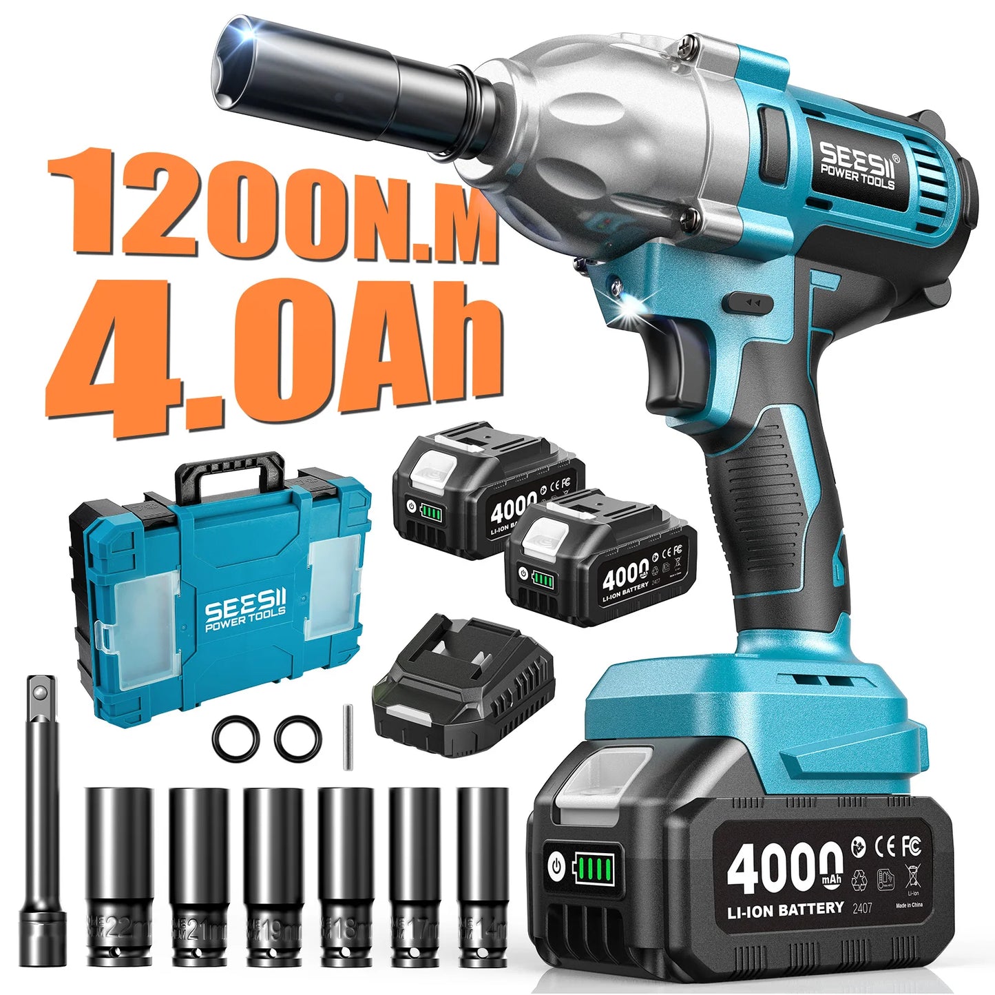 Seesii WH710 Pro Cordless Impact Wrench 1200Nm Brushless LED