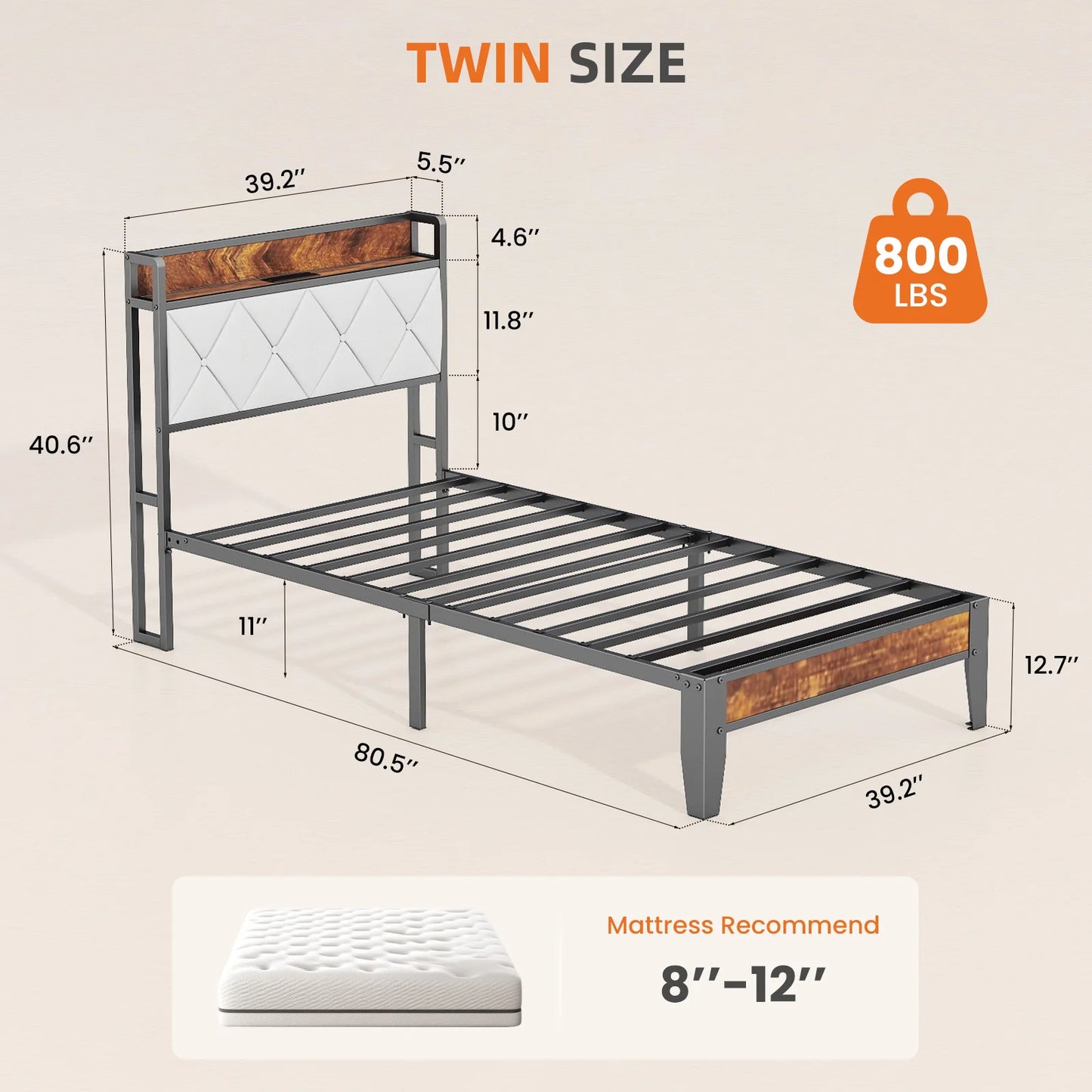 MCQ Metal Bed Frame With Storage Headboard And USB Charging