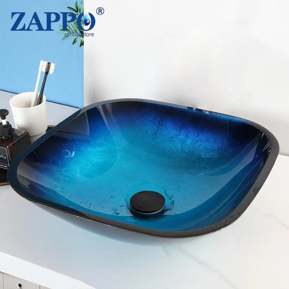 Mekkhala Oval Blue Tempered Glass Vessel Sink With Waterfall Faucet