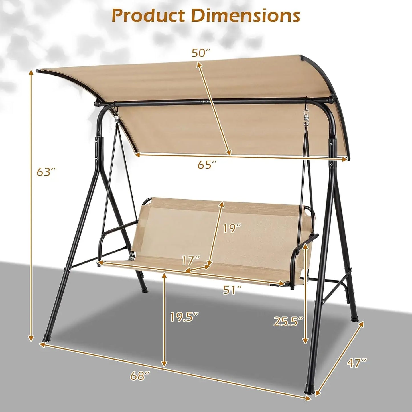 Three-Person Porch Swing With Adjustable Canopy And Sturdy Metal Frame