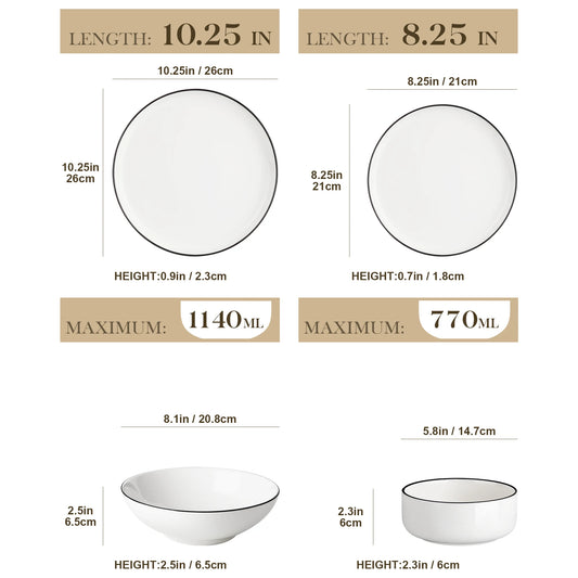 MALACASA Porcelain Dinnerware Set Curved Edge For Home And Restaurant