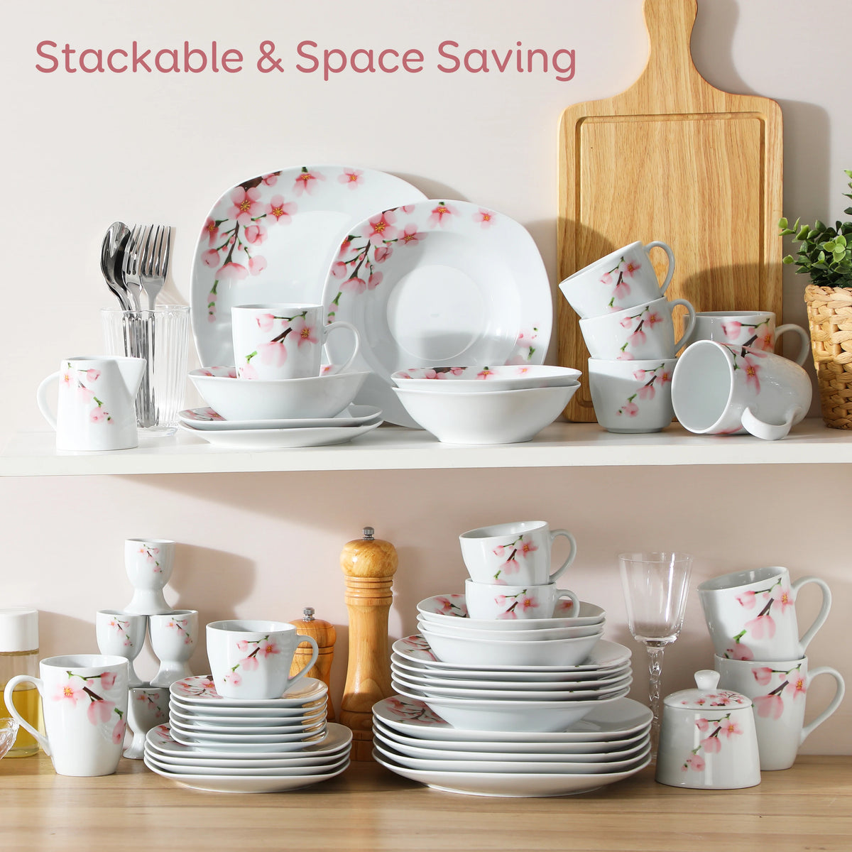 VEWEET Porcelain Dinnerware Set With Plates Bowls Cups And Saucers