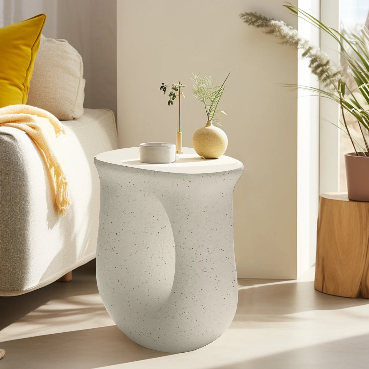 Stylish U Shaped Geometric Stone Side End Accent Table